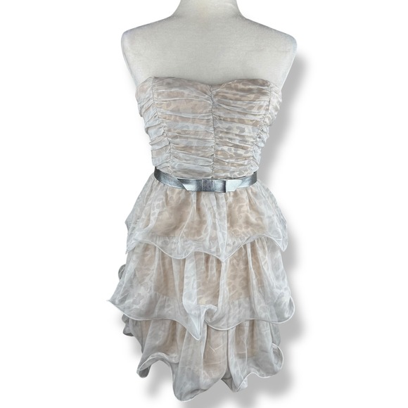 Y2K Strapless Tiered Chiffon Party Dress Women's Size 7 Coquette Party Glam Hoco - Picture 1 of 9